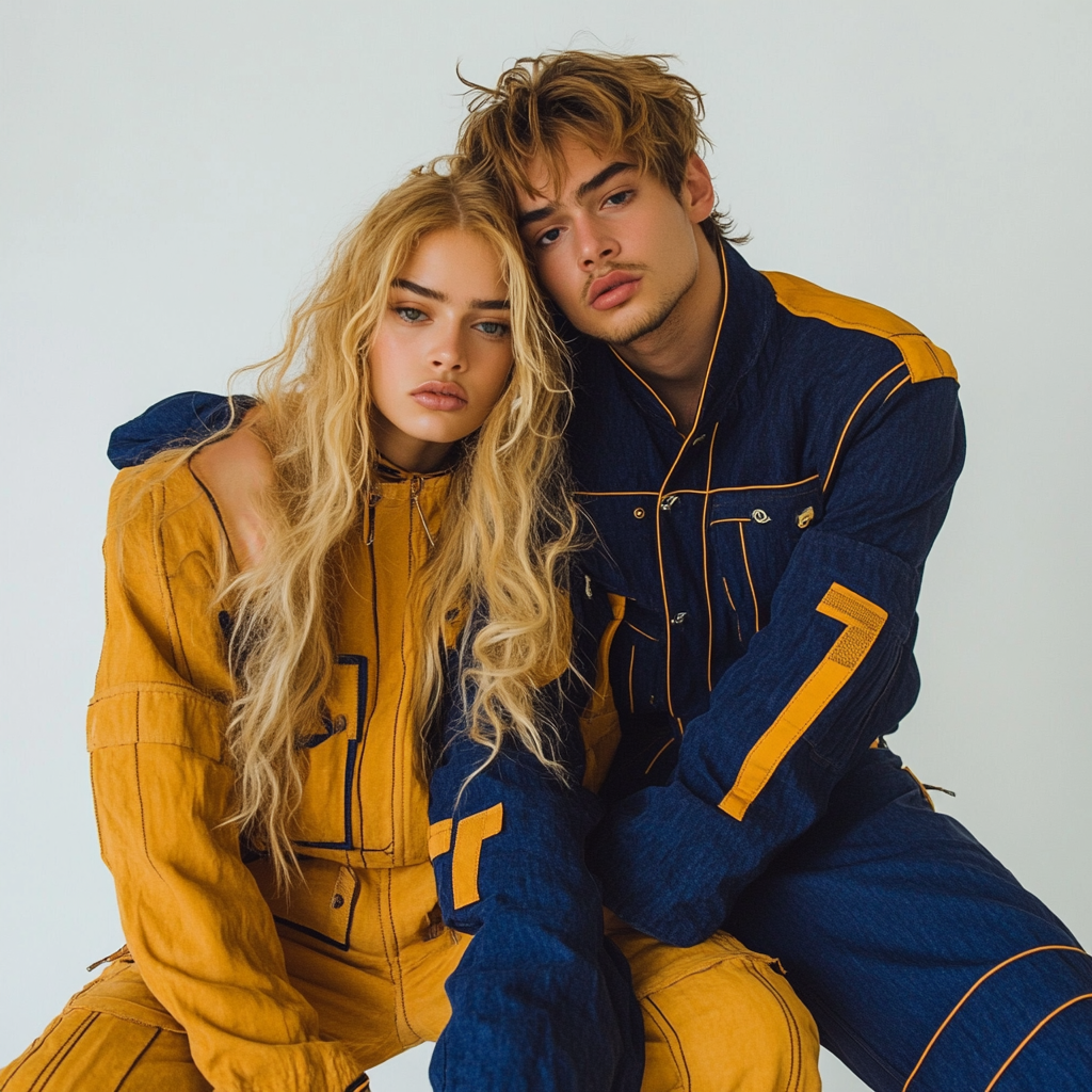 Blonde Woman and Man in Utopian Outfits