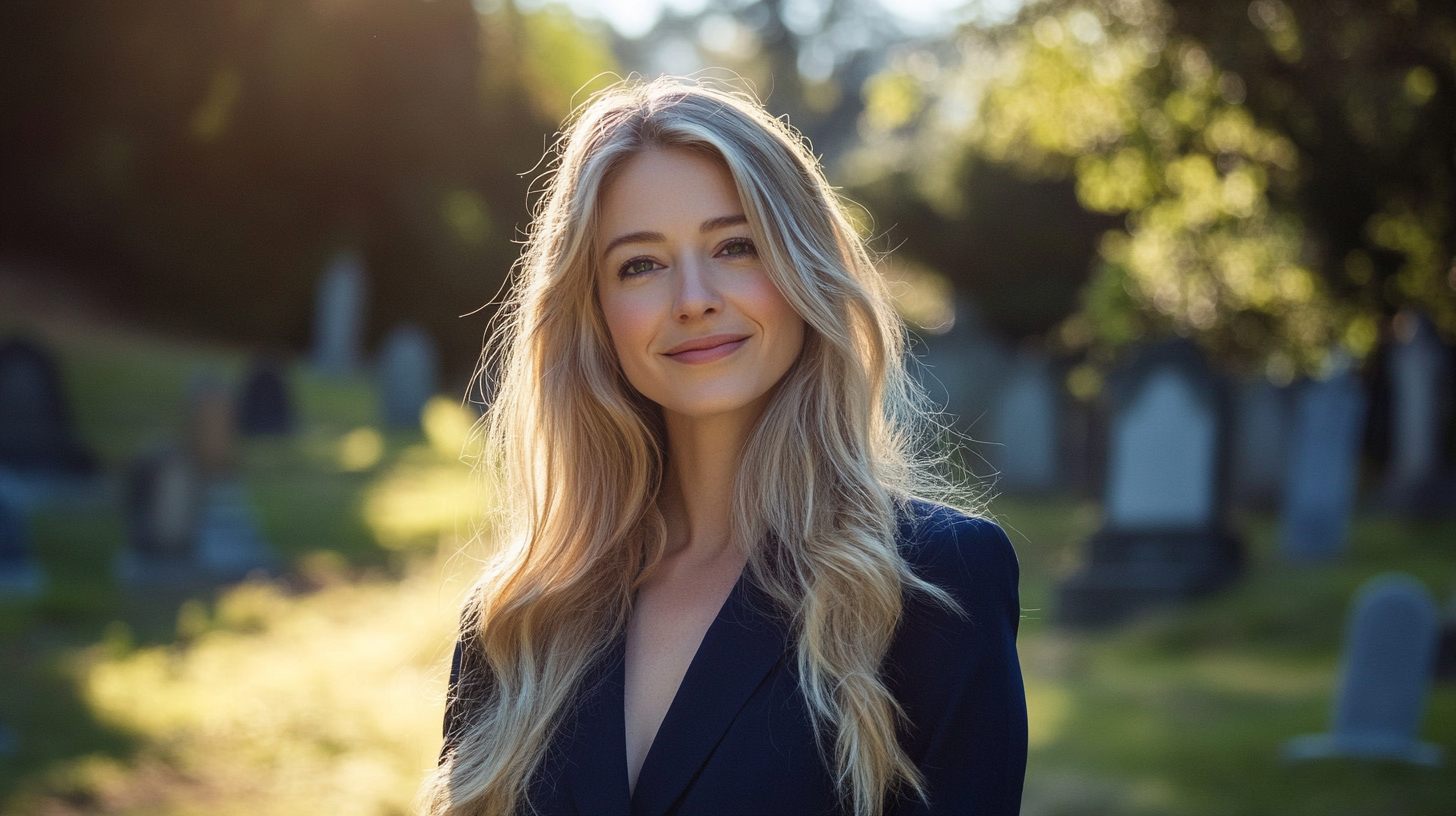 Blonde Woman in Dark Blue Business Clothes Smirking in Cemetery