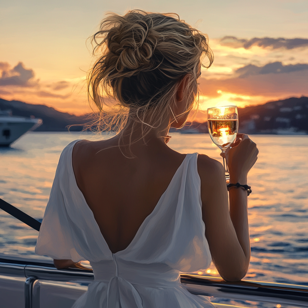 Blonde Woman in White Dress Enjoying Sunset on Yacht