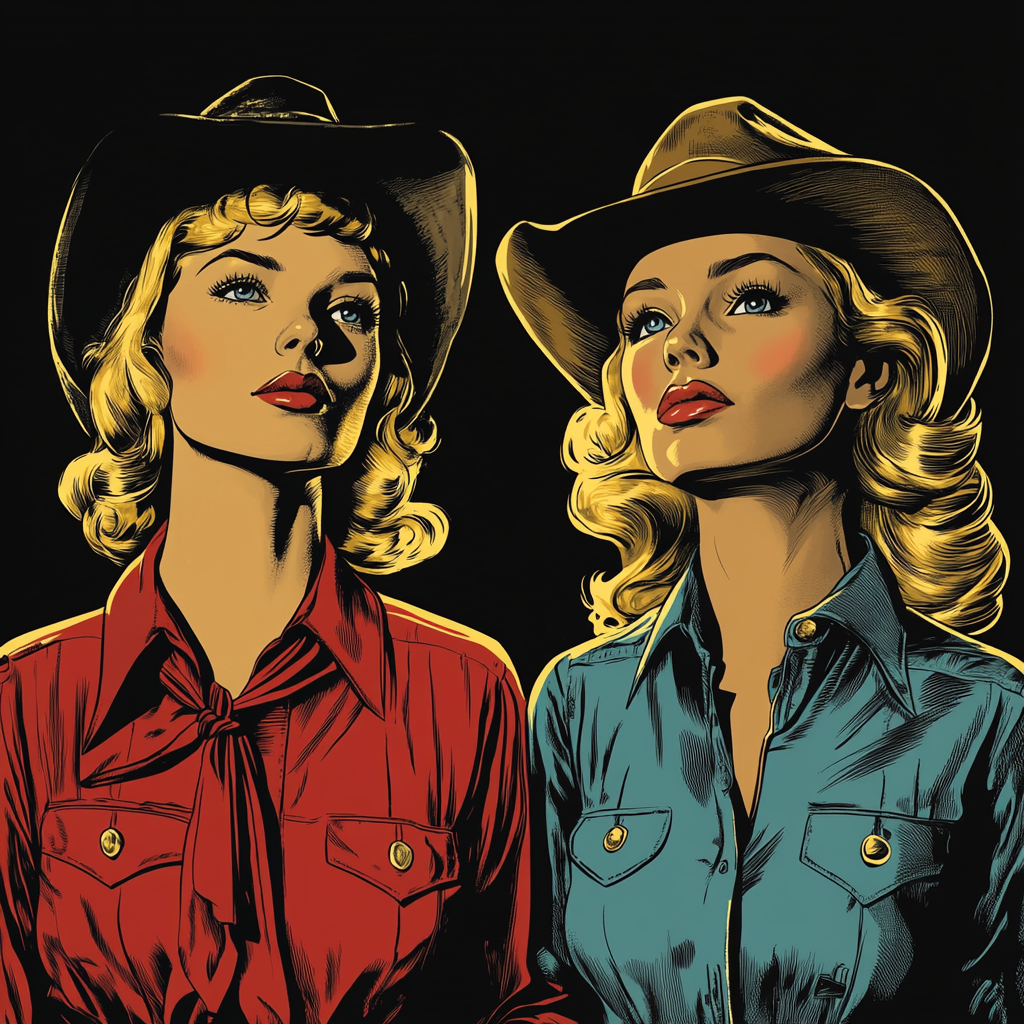 Blonde and brunette cowgirls in vintage comic style.