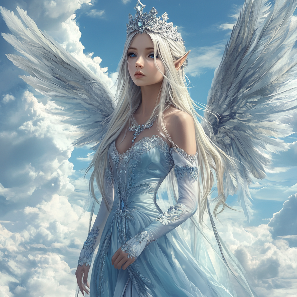 Blonde angel with crown, blue eyes, flying in sky.