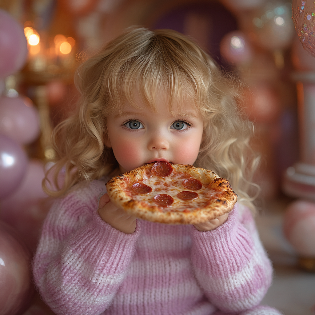 Blonde baby eating pizza in magical castle