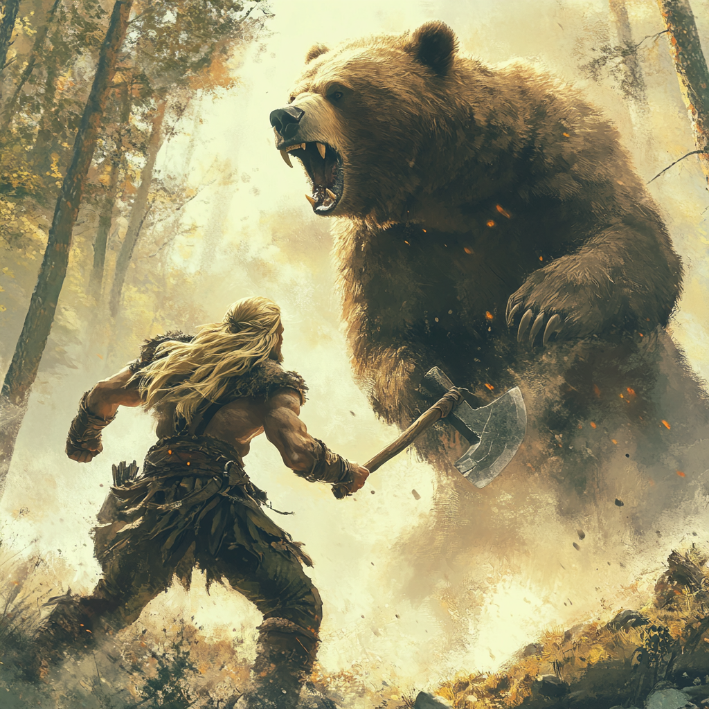 Blonde barbarian battles bear in forest, equal height, axe