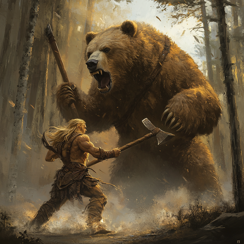 Blonde barbarian with two-handed axe battles bear 