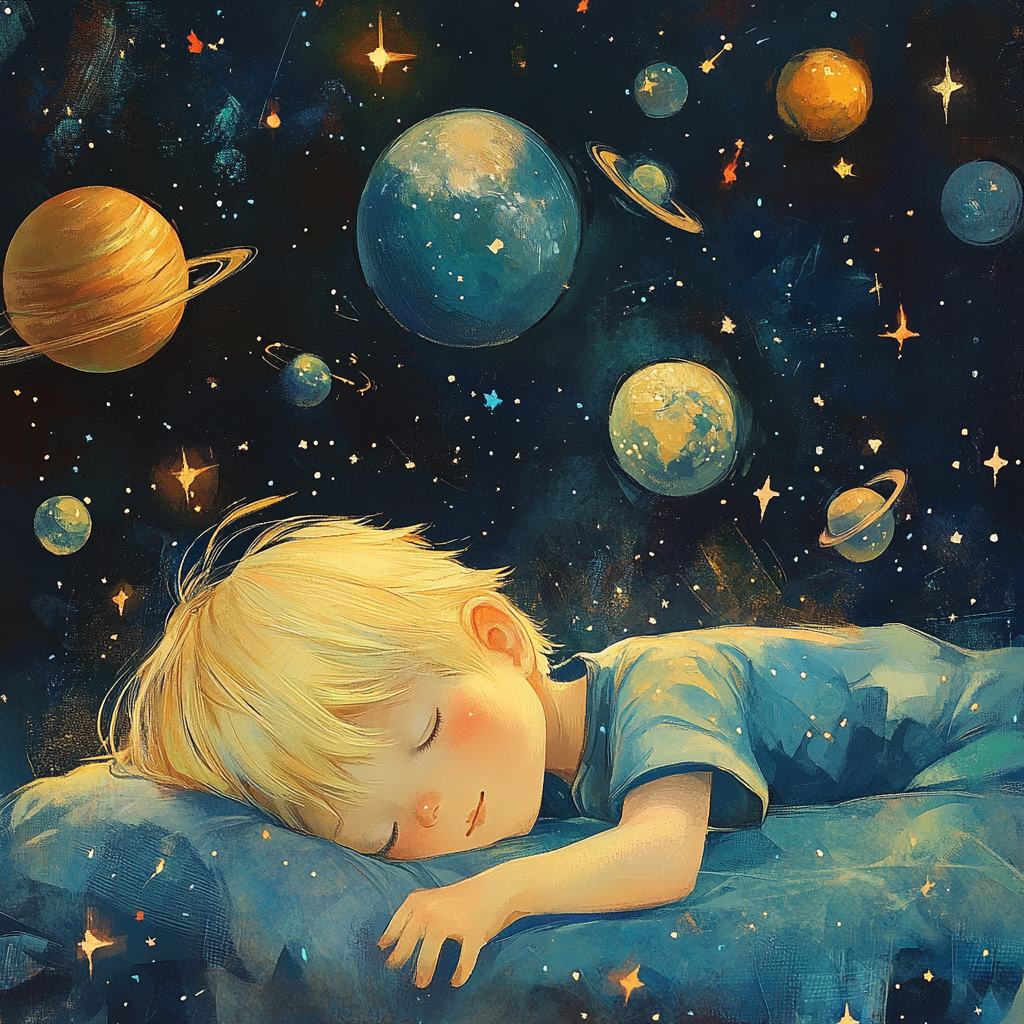 Blonde boy sleeping surrounded by stars and planets.