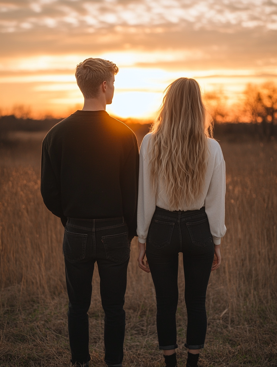 Blonde couple in black shoes watching sunset together.