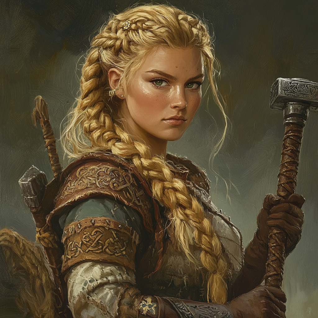 Blonde dwarf with warhammer in Viking style painting.