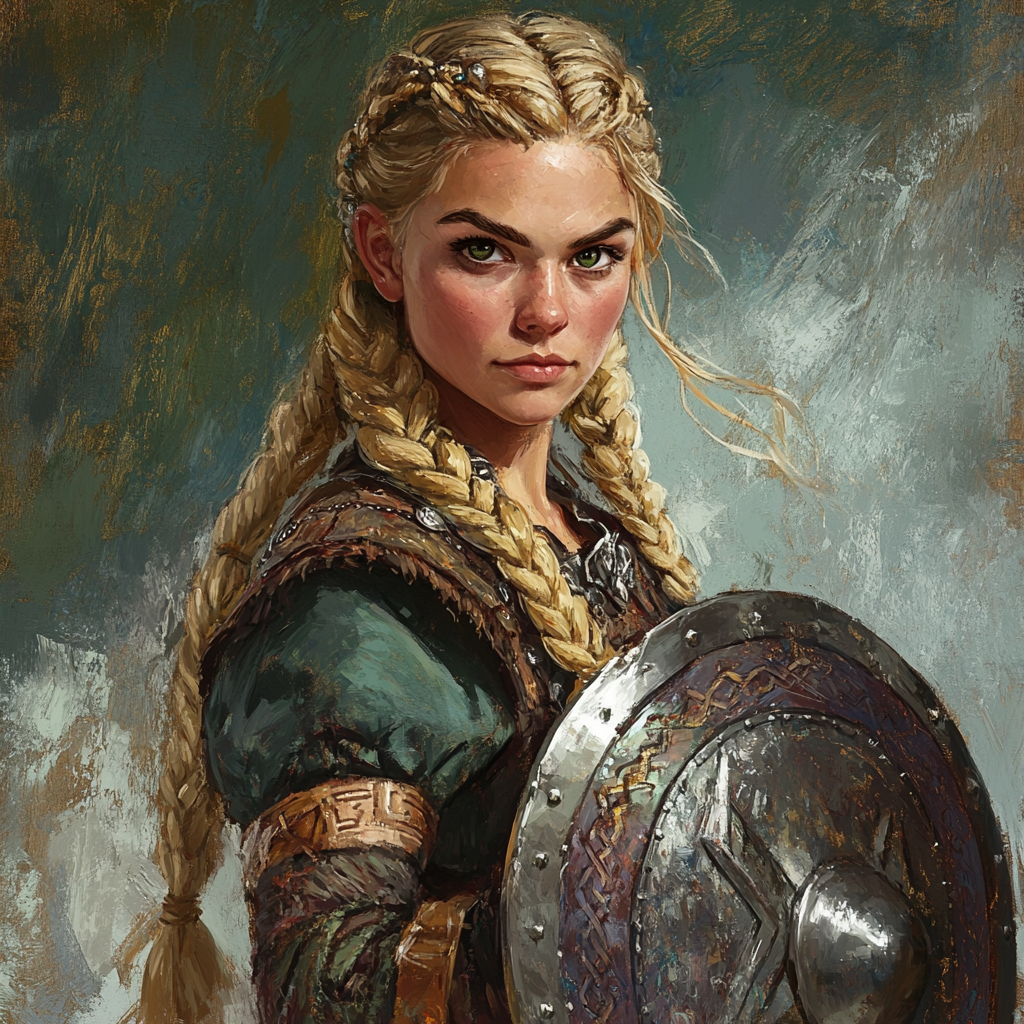 Blonde dwarf woman, green eyes, warhammer, valkyrie, oil paint.