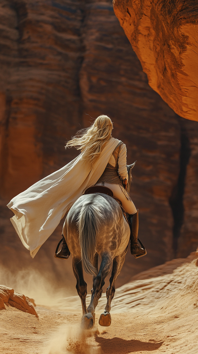 Blonde female on dapple horse in rock canyon sprinting.