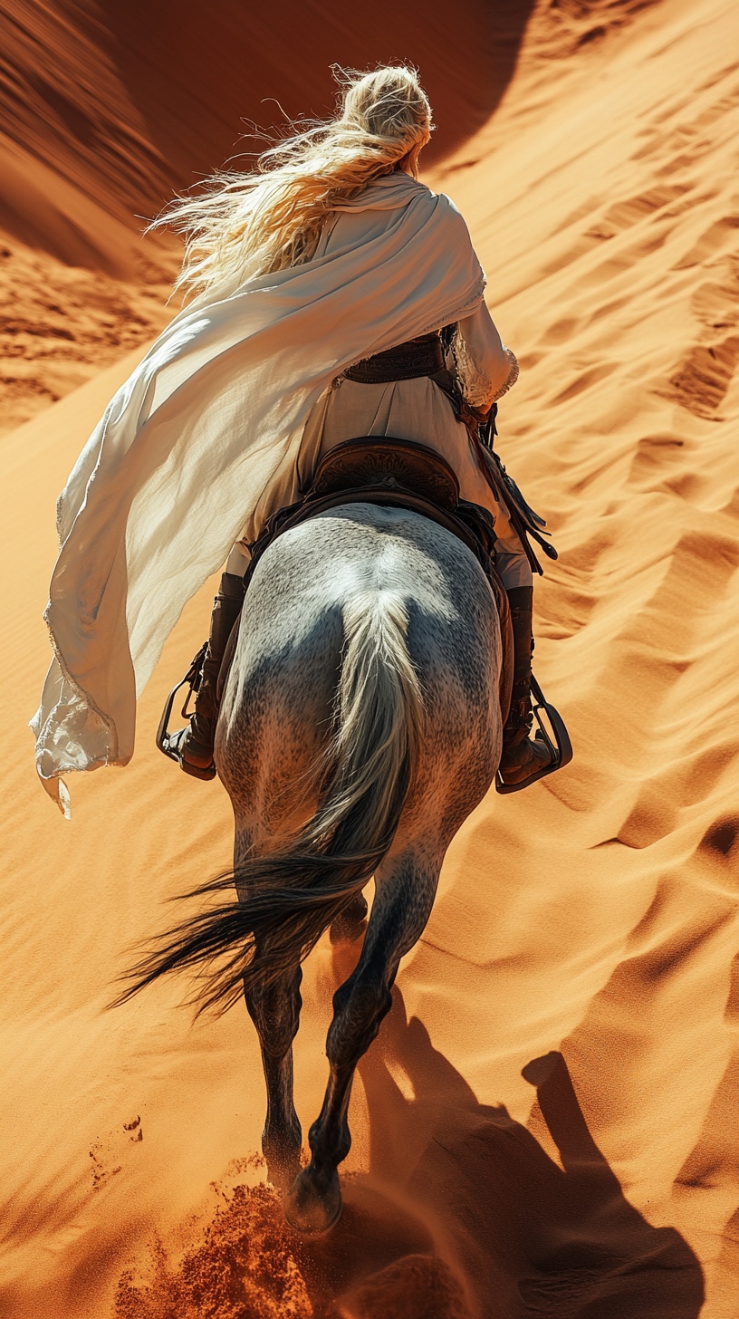 Blonde female rides dark gray dapple horse in desert.