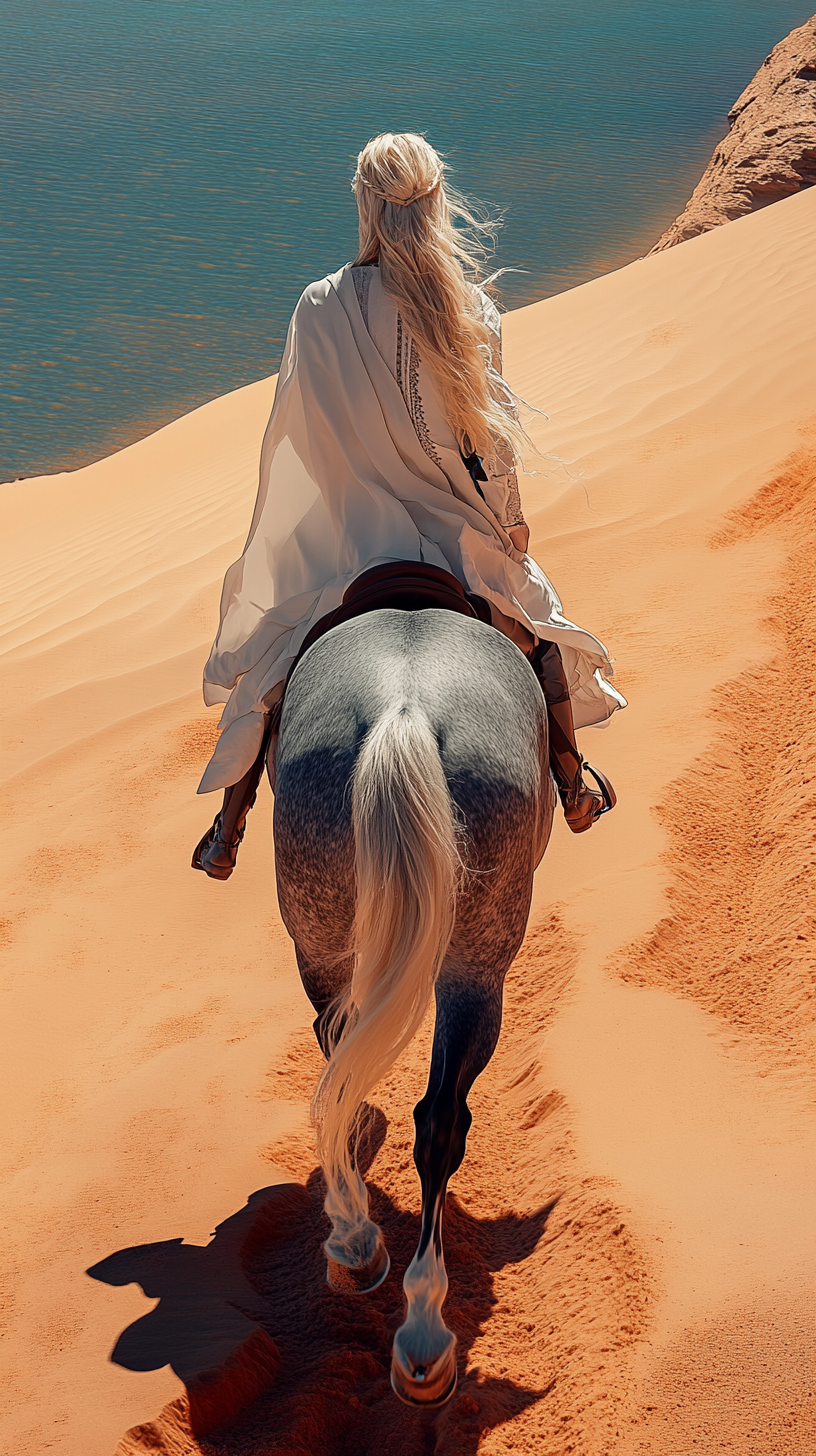 Blonde female riding dapple horse in desert and ocean.