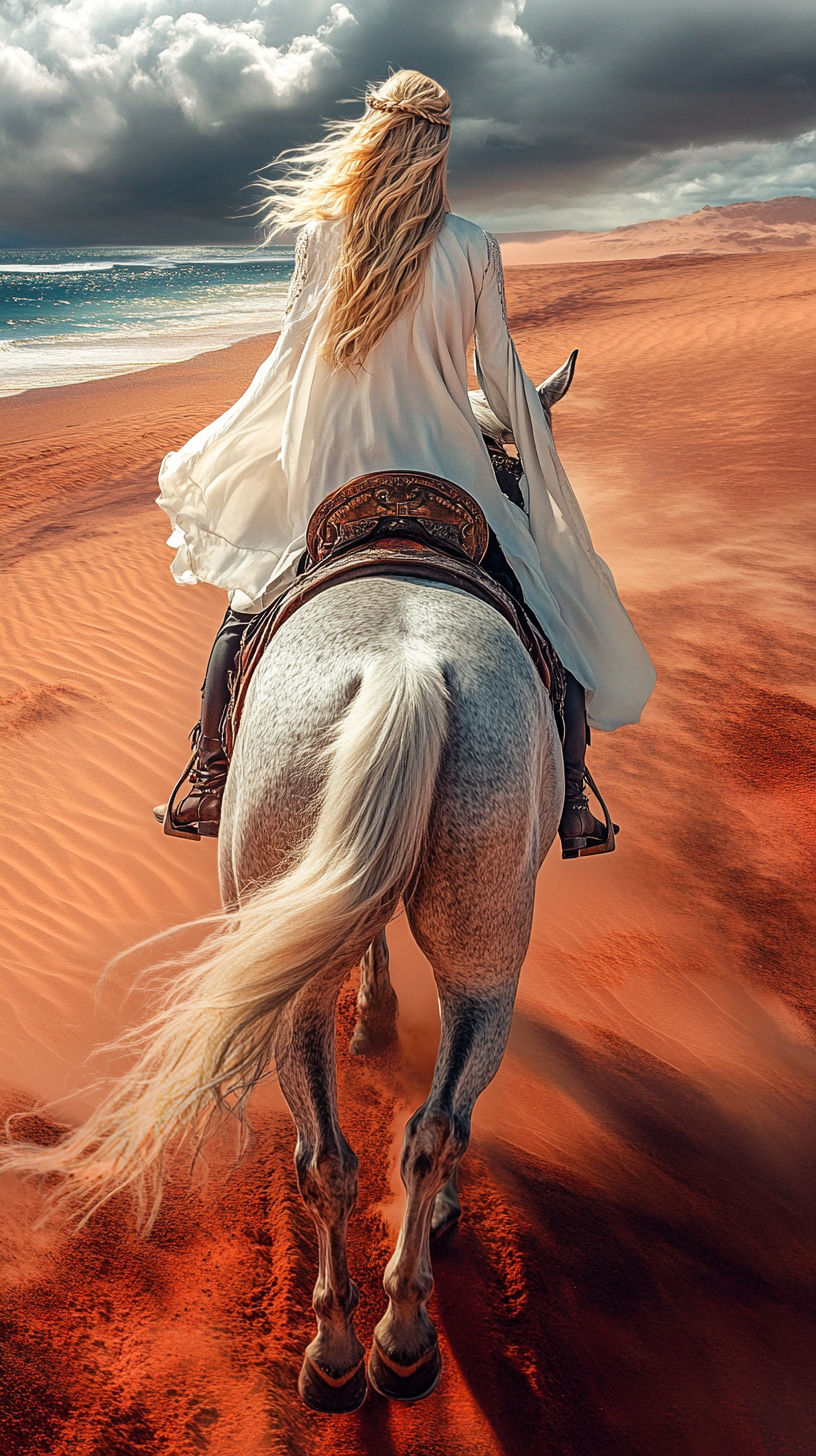 Blonde female riding dark gray dapple horse on dunes.