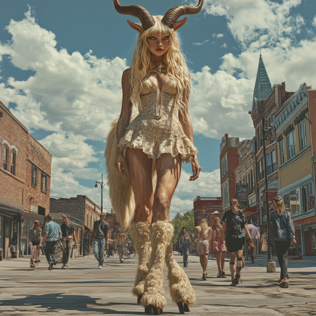 Blonde female satyr with goat legs in city square.