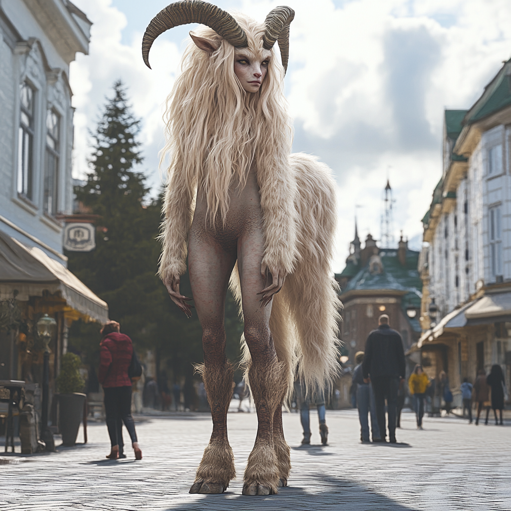 Blonde fur faun with goat legs in city square.