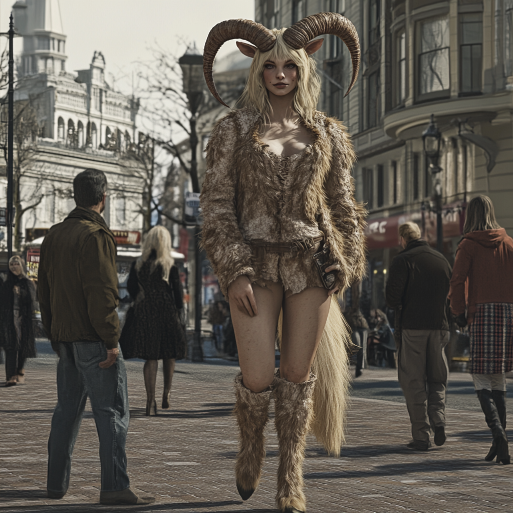 Blonde fur female satyr in city square.