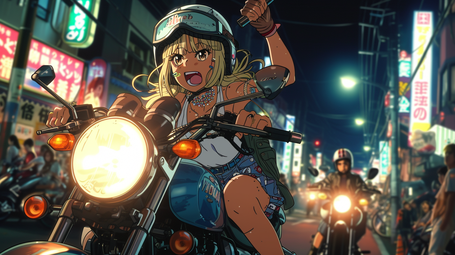 Blonde gal on bozosoku Yamaha motorcycle with LED decoration.