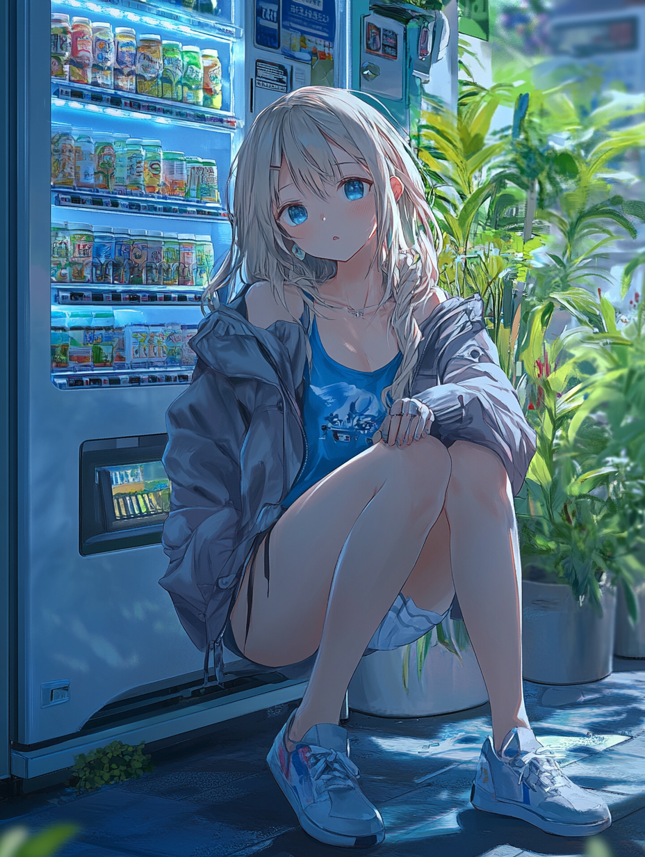 Blonde girl in casual outfit sitting near vending machine.