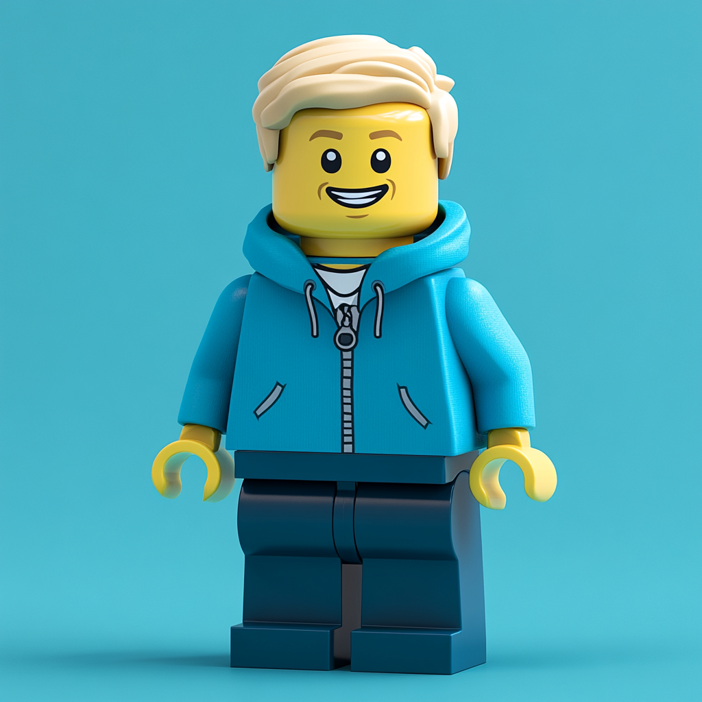 Blonde hair, brown eyes, blue hoodie toy mini-figure.