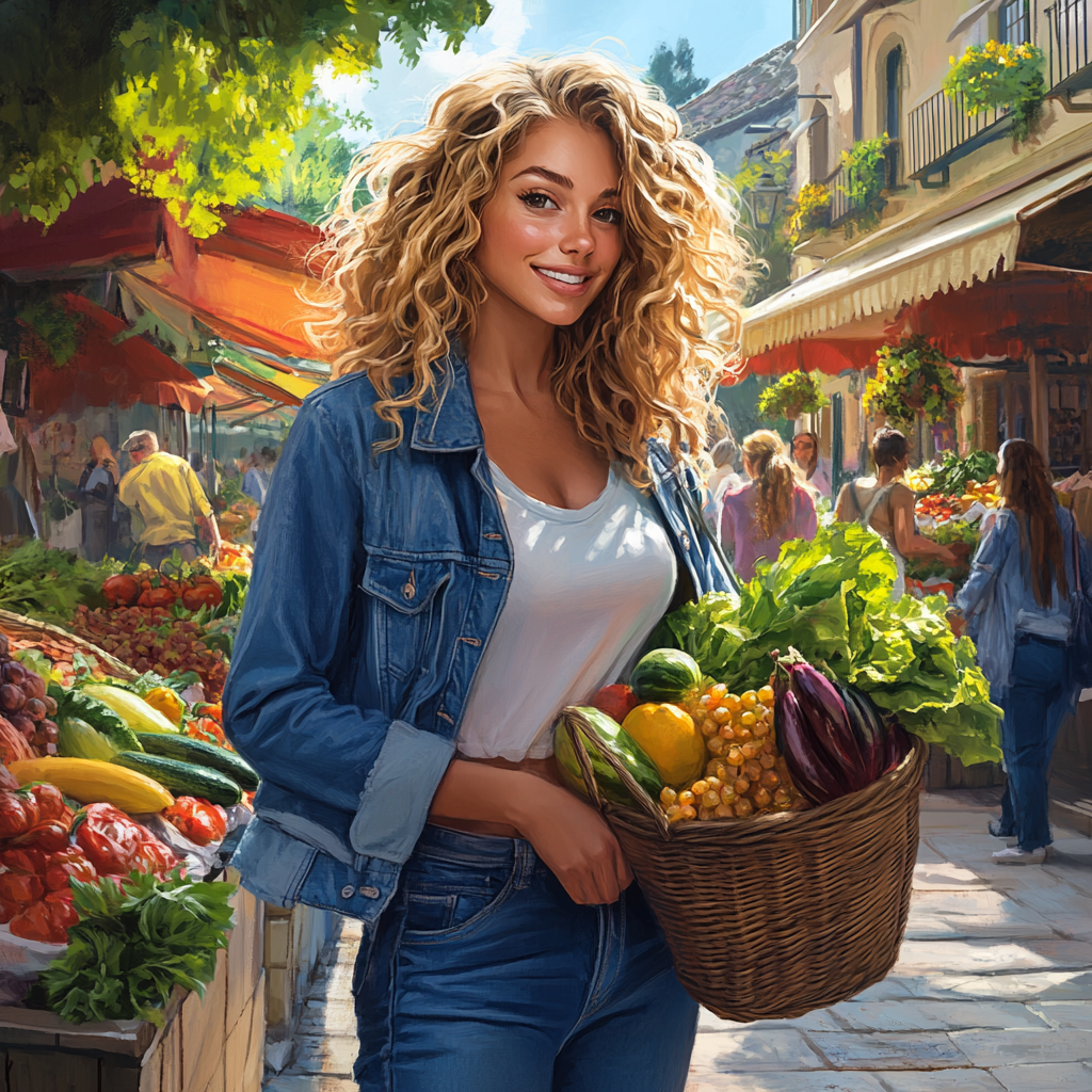 Blonde influencer at busy farmer's market, smiling warmly.