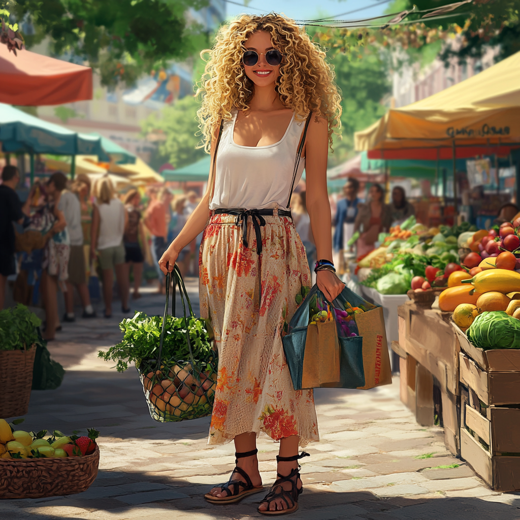 Blonde influencer in elegant outfit at bustling farmers market.