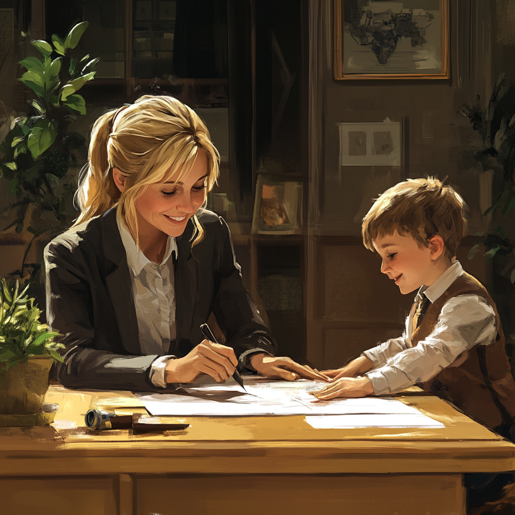 Blonde lawyer, kid, grandma at table smile, sign papers.