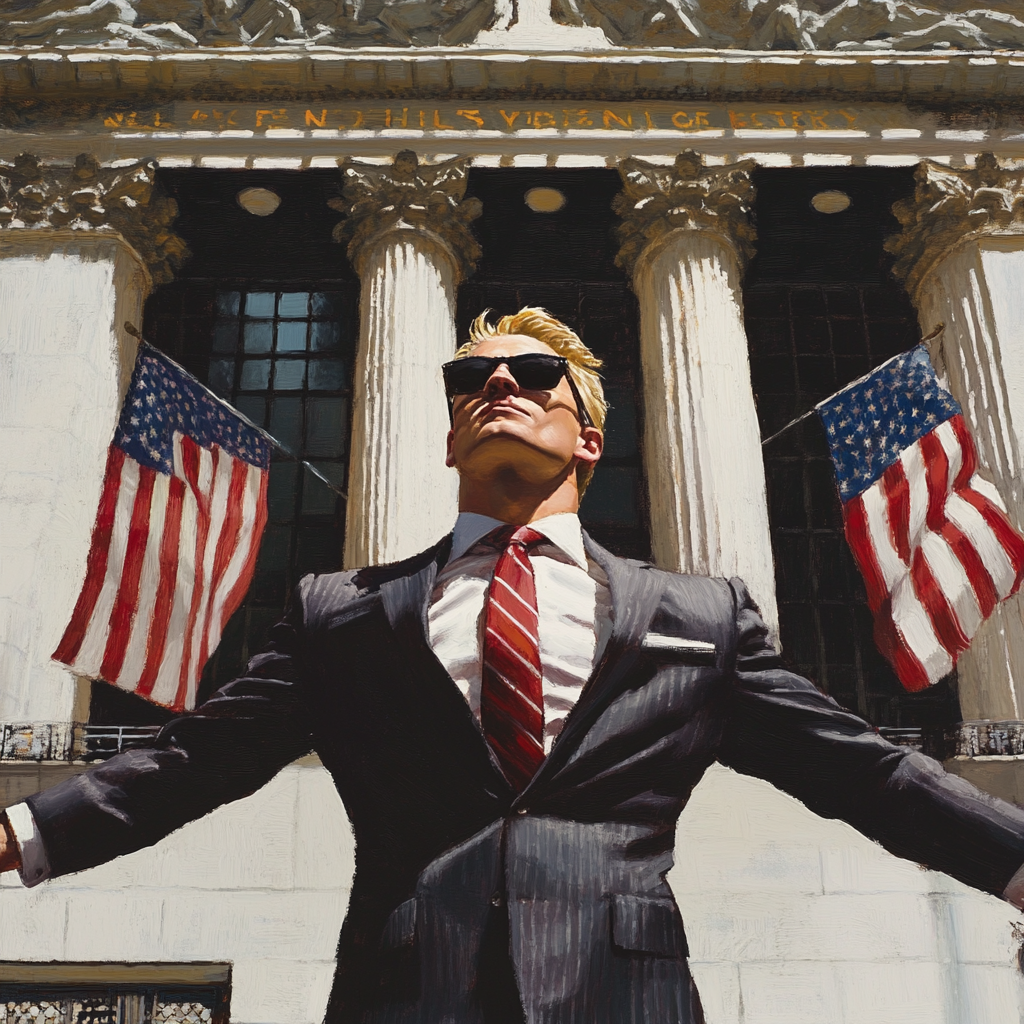 Blonde man in suit and sunglasses at NYSE.