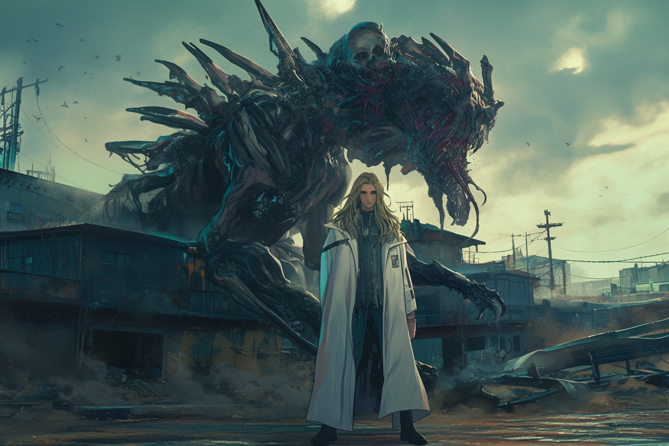 Blonde man in white coat, monster in town storm.