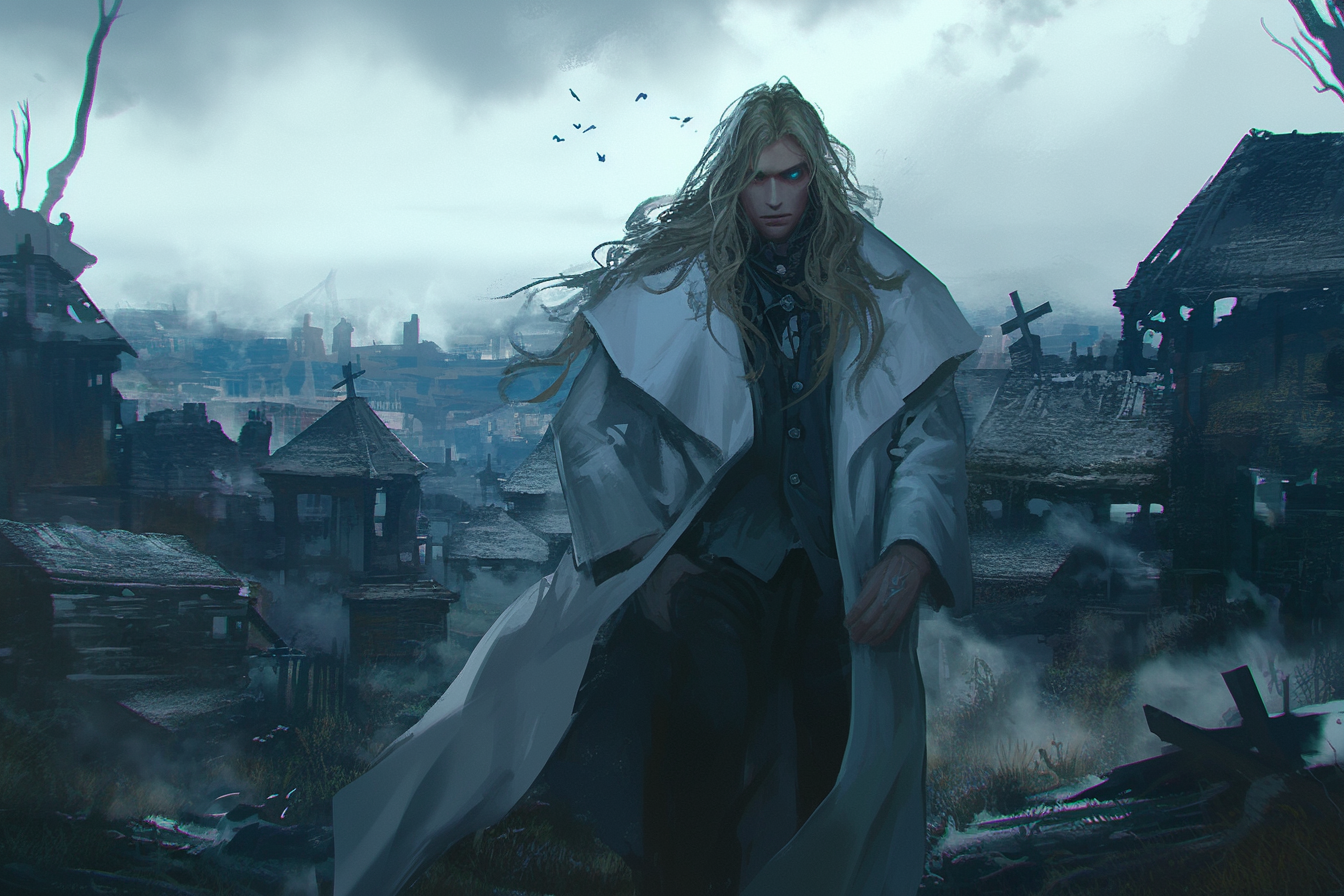 Blonde man in white coat in stormy town.