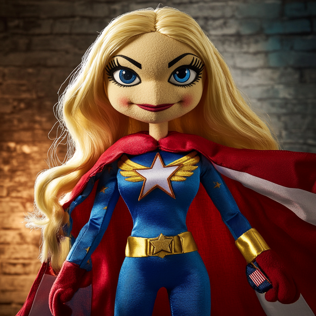 Blonde puppet with superhero bodysuit and American flag cape.