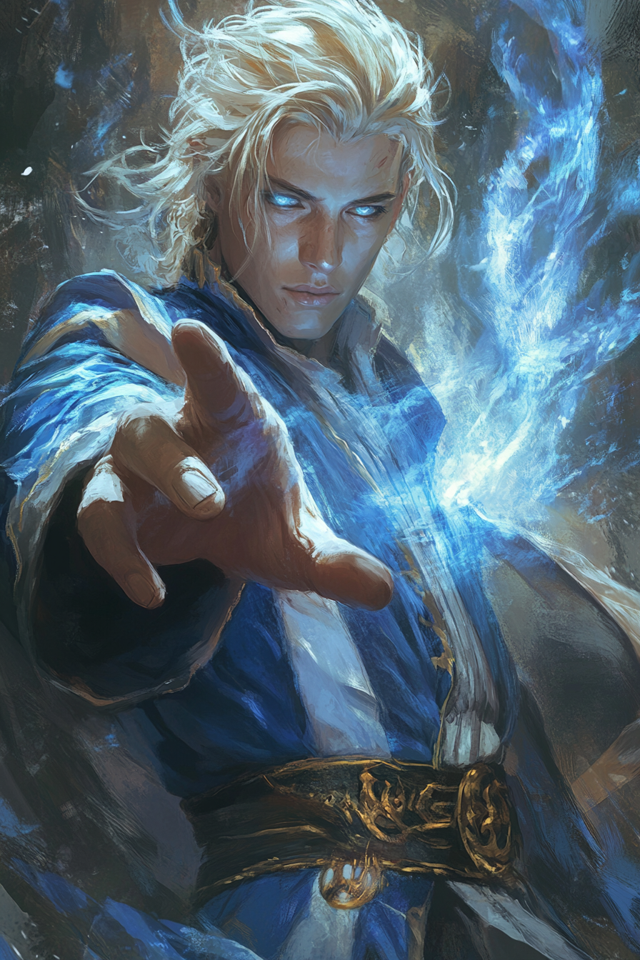 Blonde sorcerer in blue robes creating magic barrier.