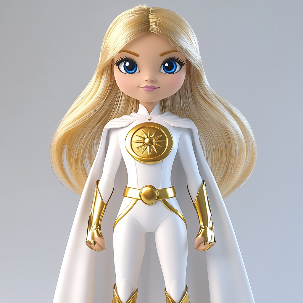 Blonde superhero puppet with blue eyes, white/gold costume.