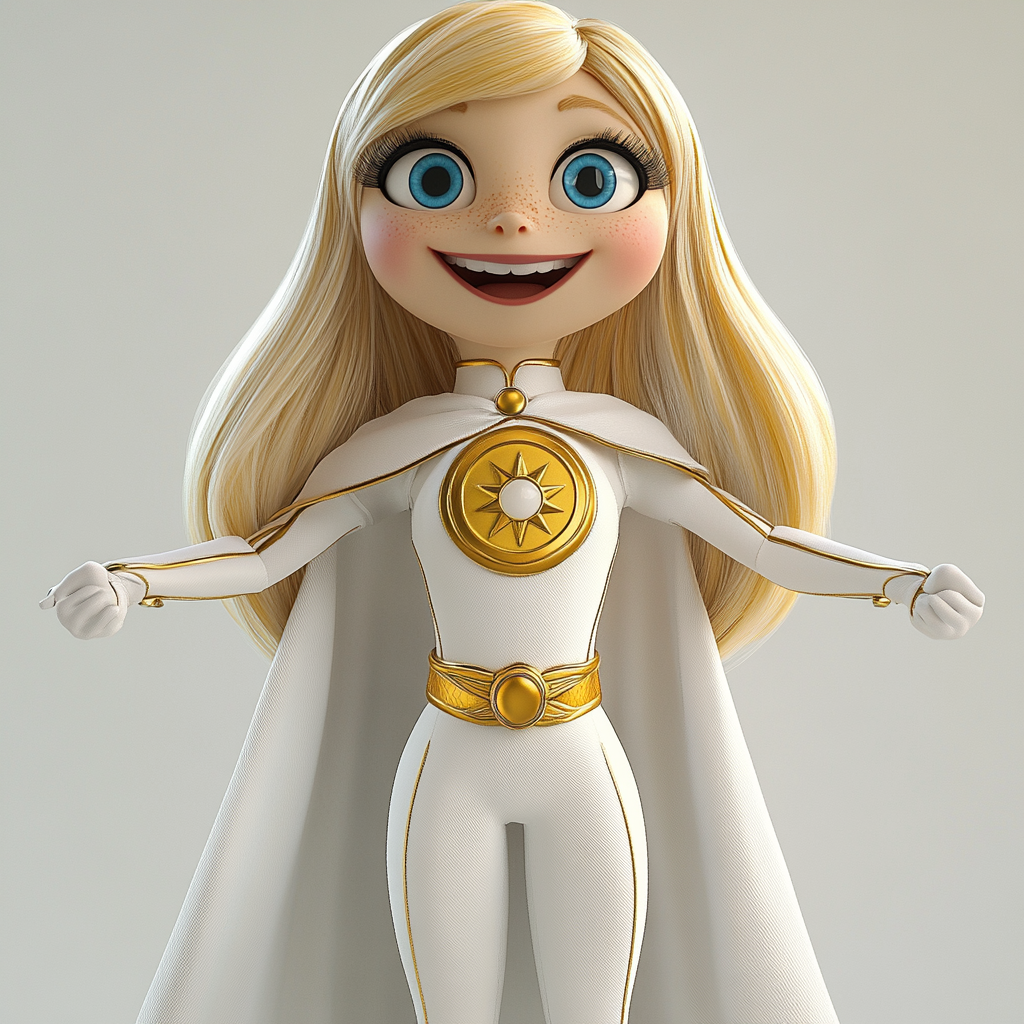 Blonde superhero puppet with white and gold costume.