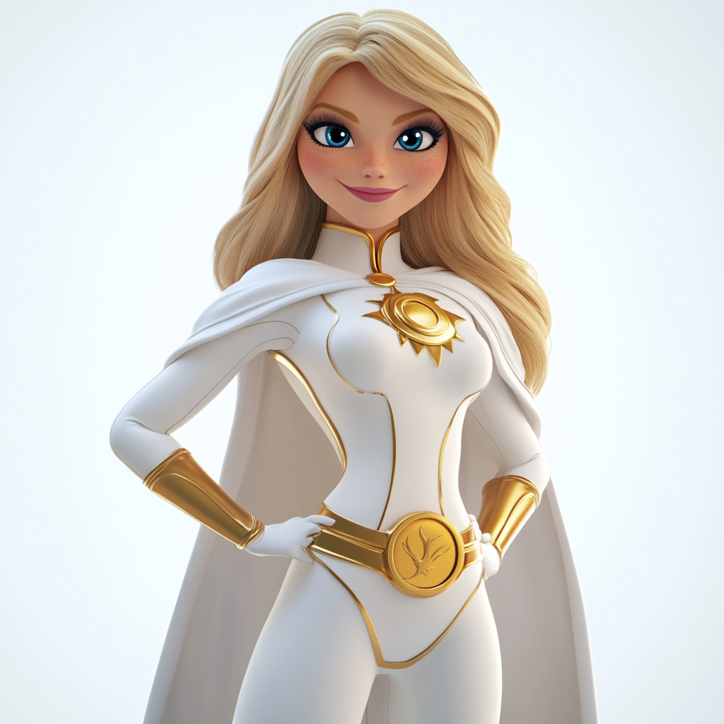 Blonde superhero with blue eyes in white and gold.