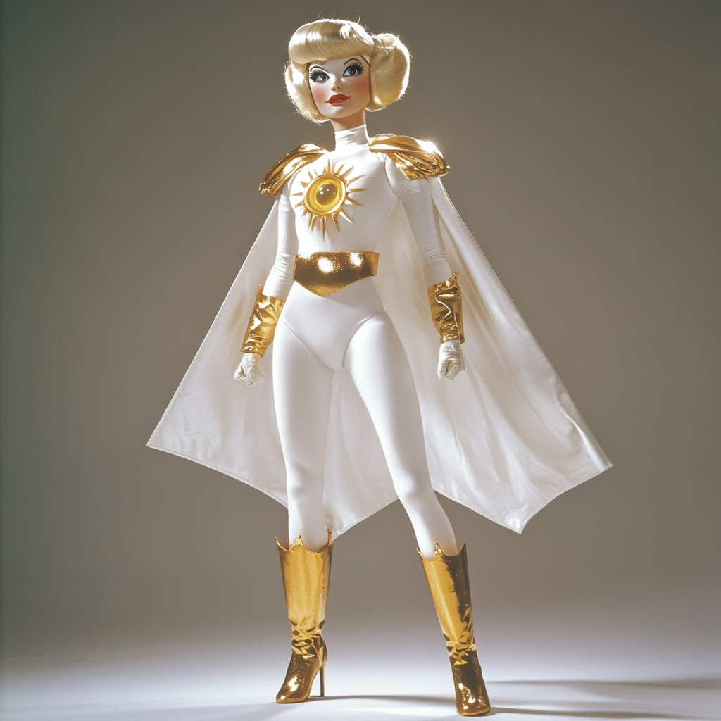 Blonde superheroine puppet with white and gold costume.