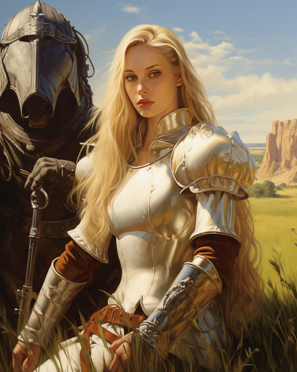 Blonde woman and knight in armor. Grass field castle.