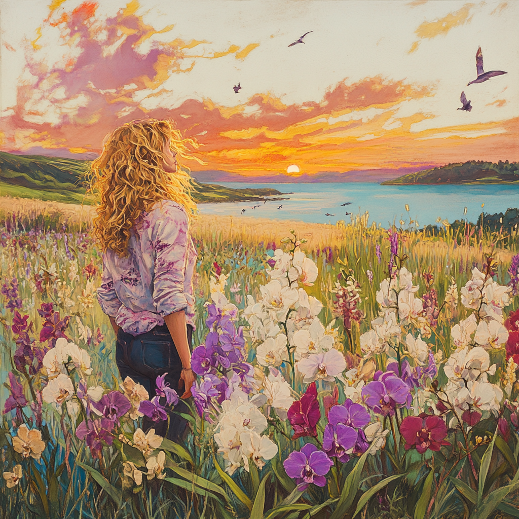 Blonde woman enjoying sunset in orchid field drawing