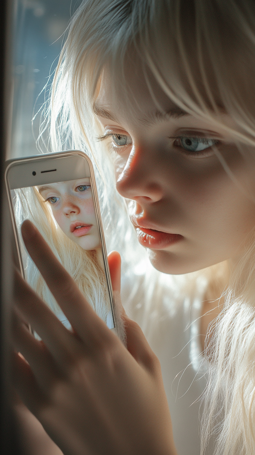 Blonde woman gazes at old reflection on smartphone screen.