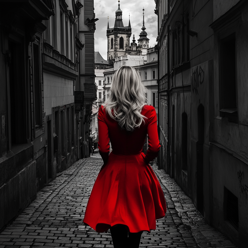 Blonde woman in Prague with red costume. Famous monument.