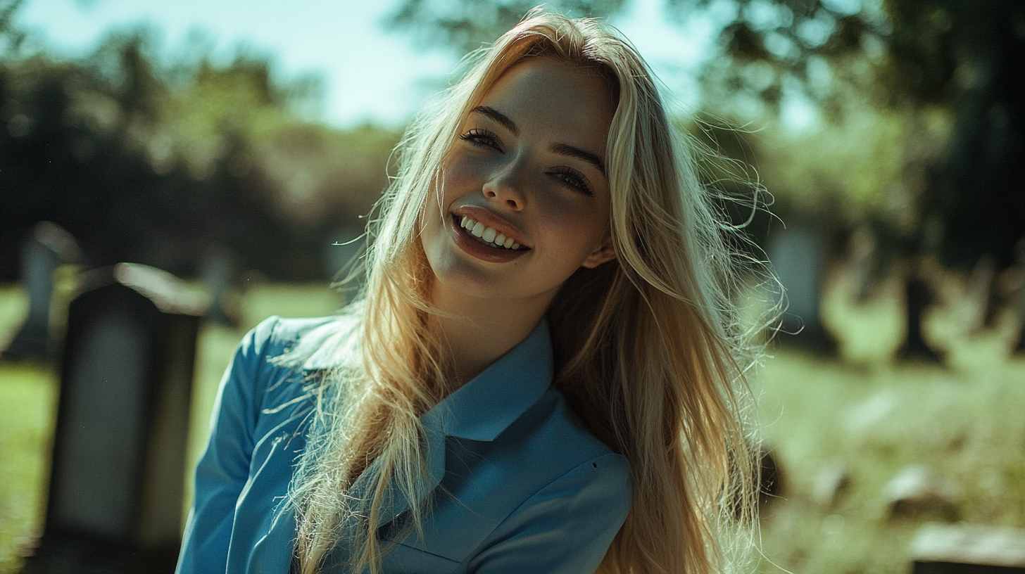 Blonde woman in blue business clothes grins in cemetery