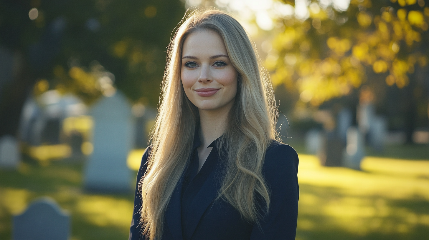 Blonde woman in blue business clothes in cemetery