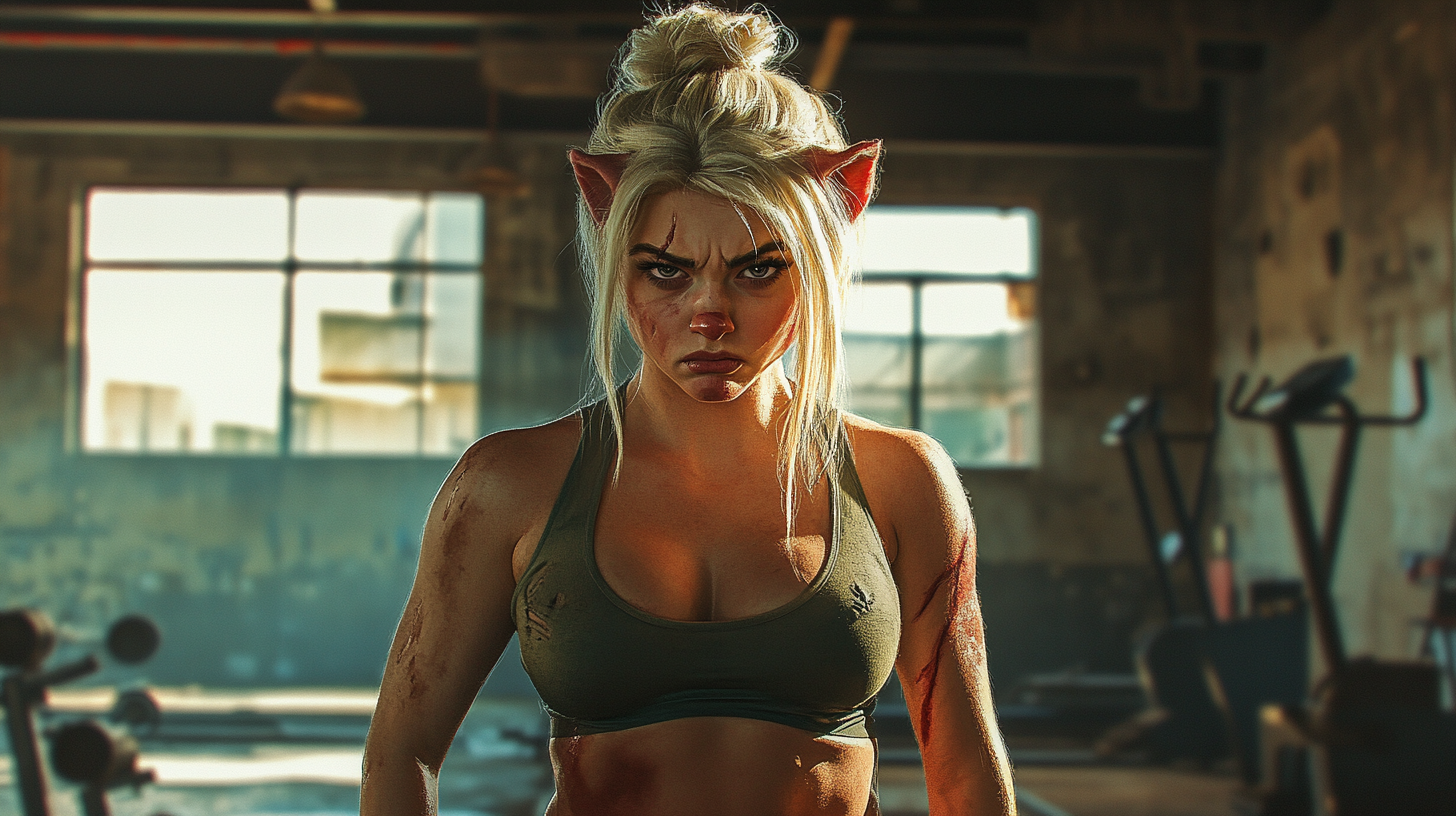 Blonde woman in caveman costume looking grumpy in gym.