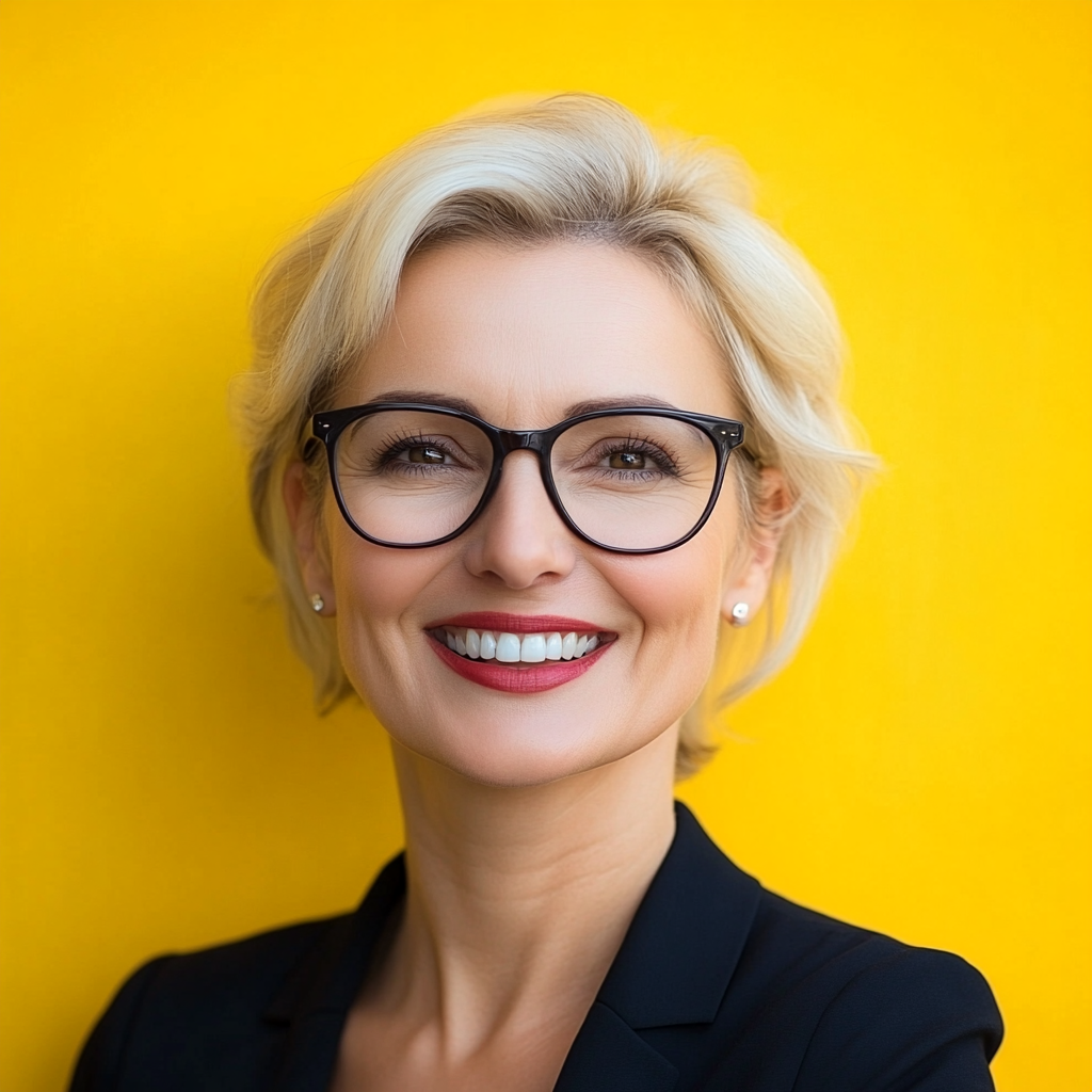 Blonde woman in glasses smiling on bright yellow background.