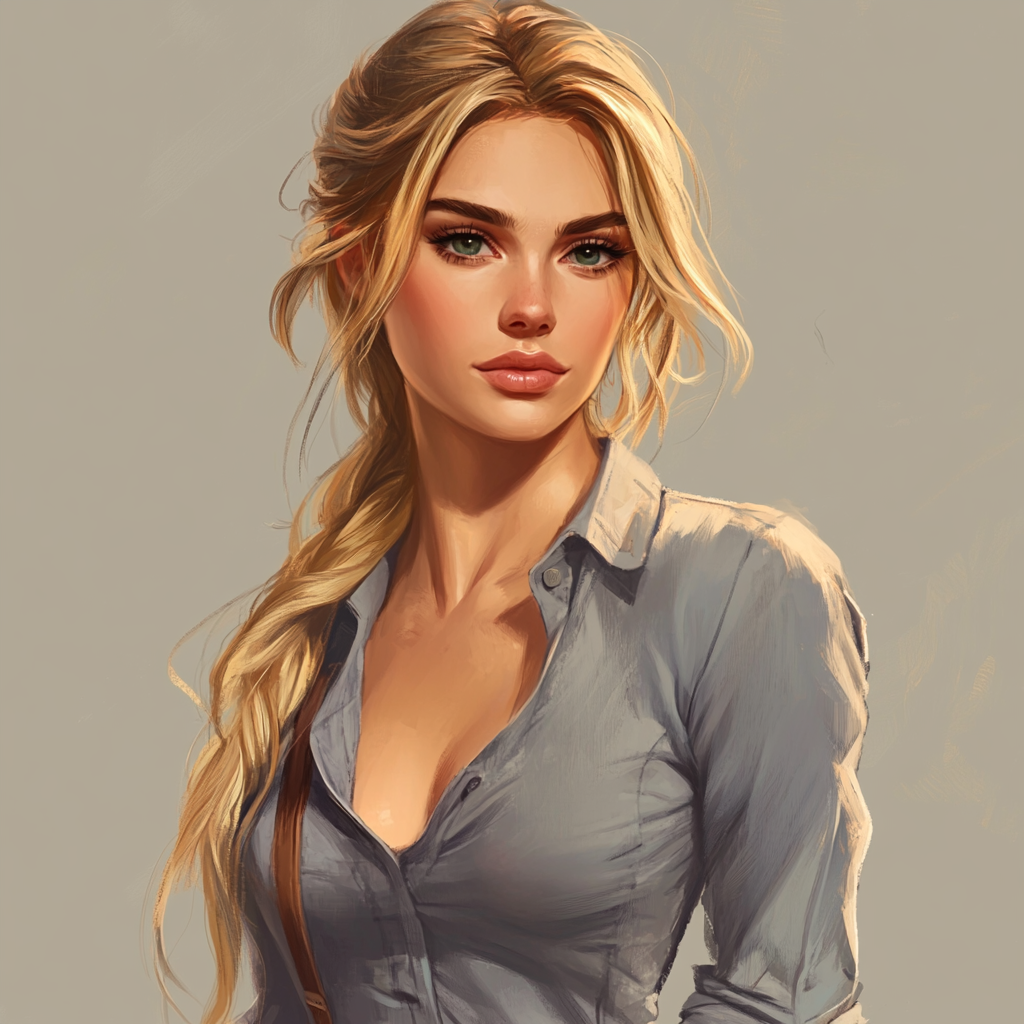 Blonde woman in grey shirt. Western theme character art.