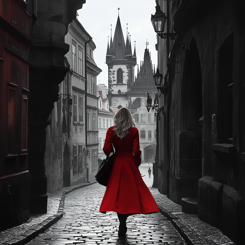 Blonde woman in red costume walks Prague street.