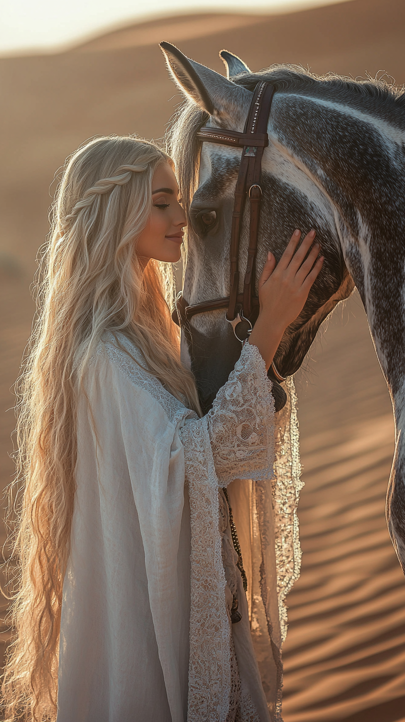 Blonde woman in white cape with gray horse.