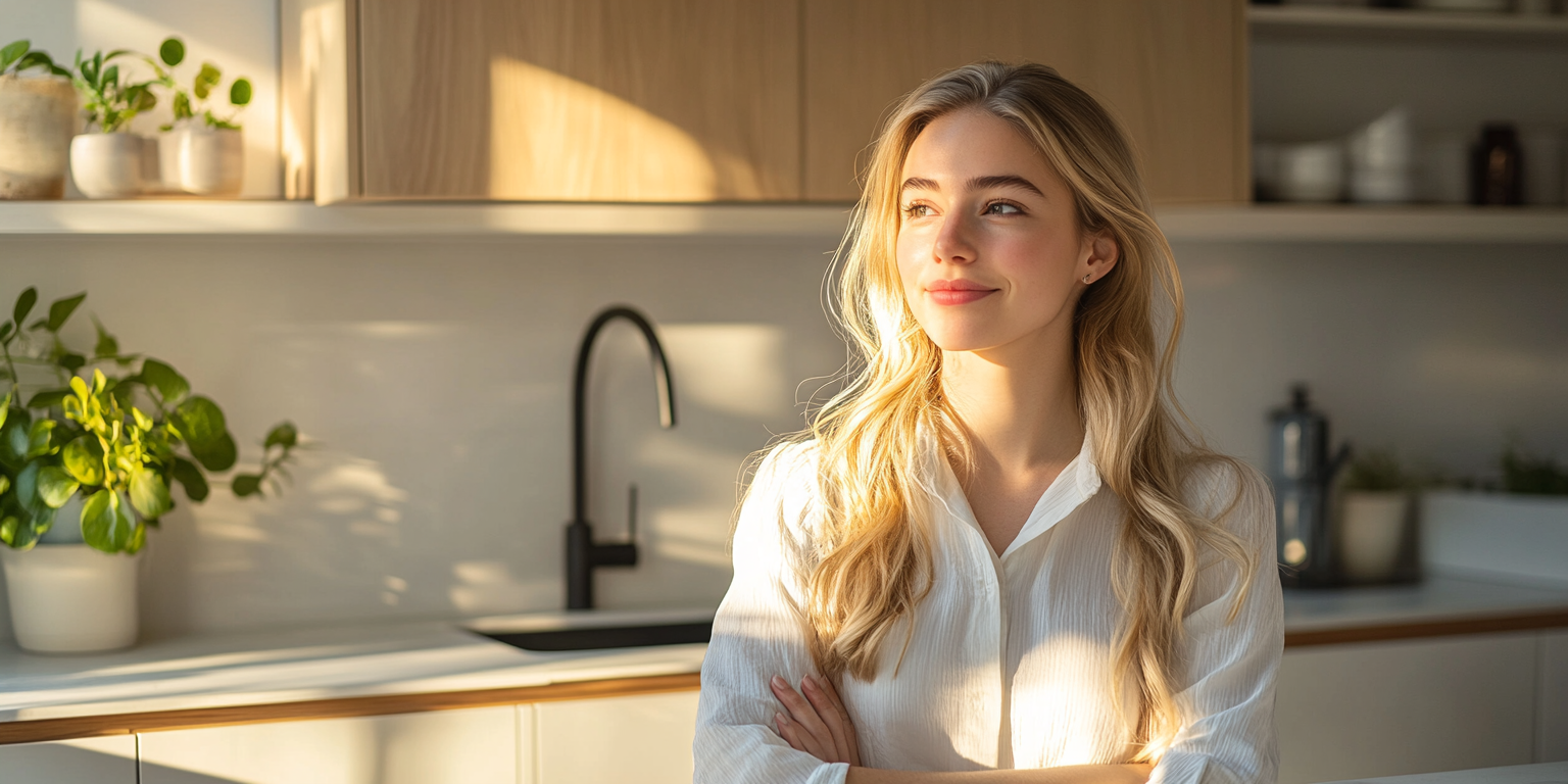 Blonde woman in white kitchen with modern design.