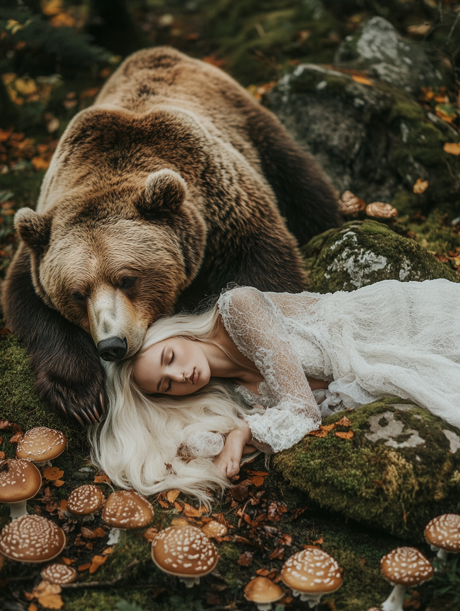 Blonde woman lying with giant bear in forest