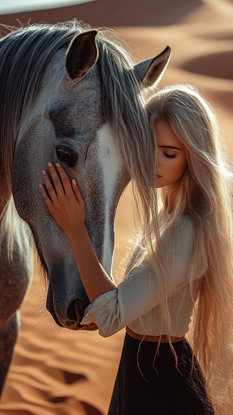 Blonde woman pets gray horse under desert sun.