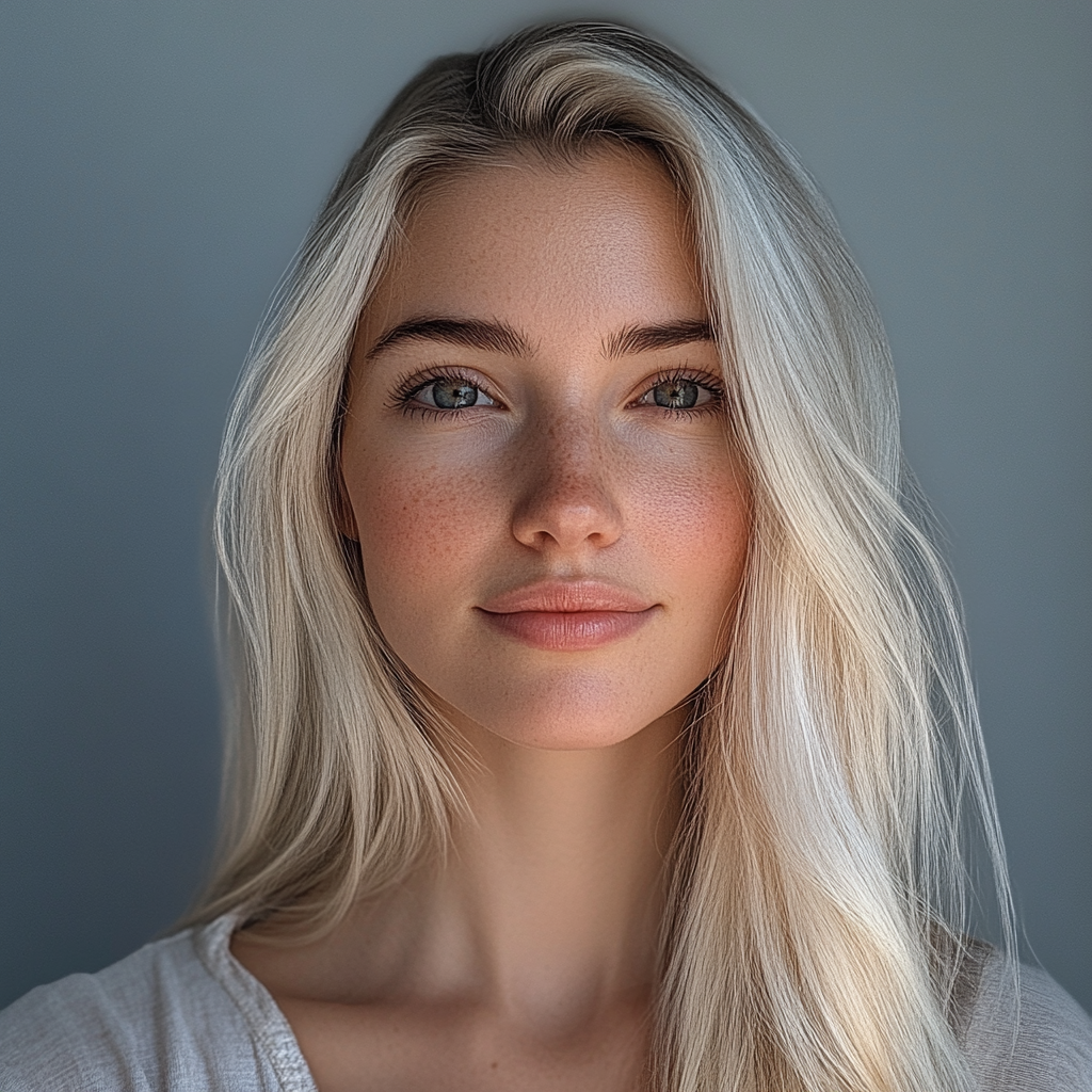 Blonde woman posing with makeup and arched eyebrow.