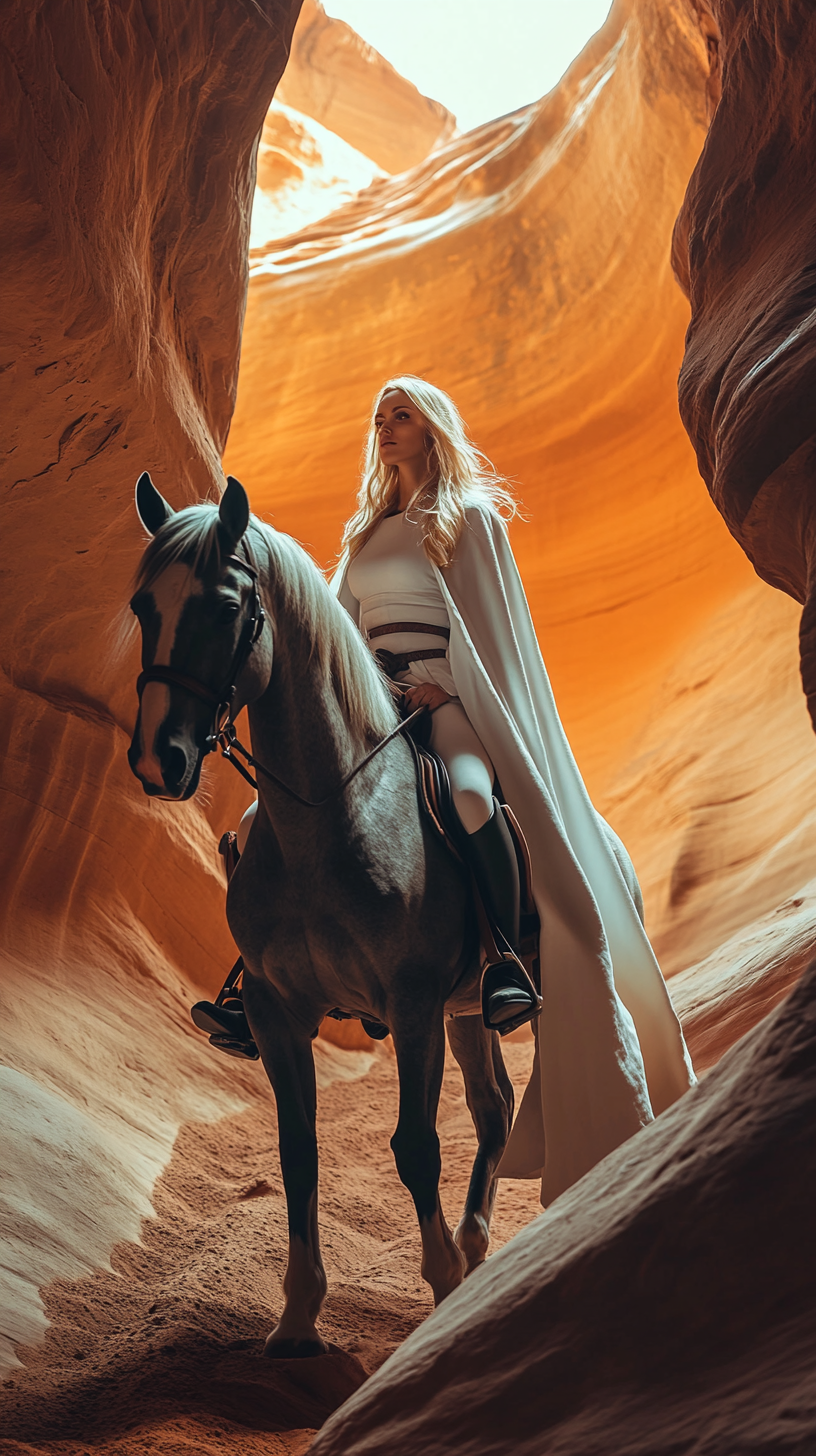 Blonde woman rides dappled horse in rocky canyon light.